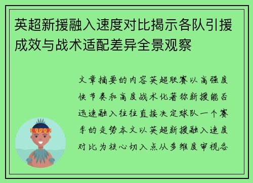 英超新援融入速度对比揭示各队引援成效与战术适配差异全景观察
